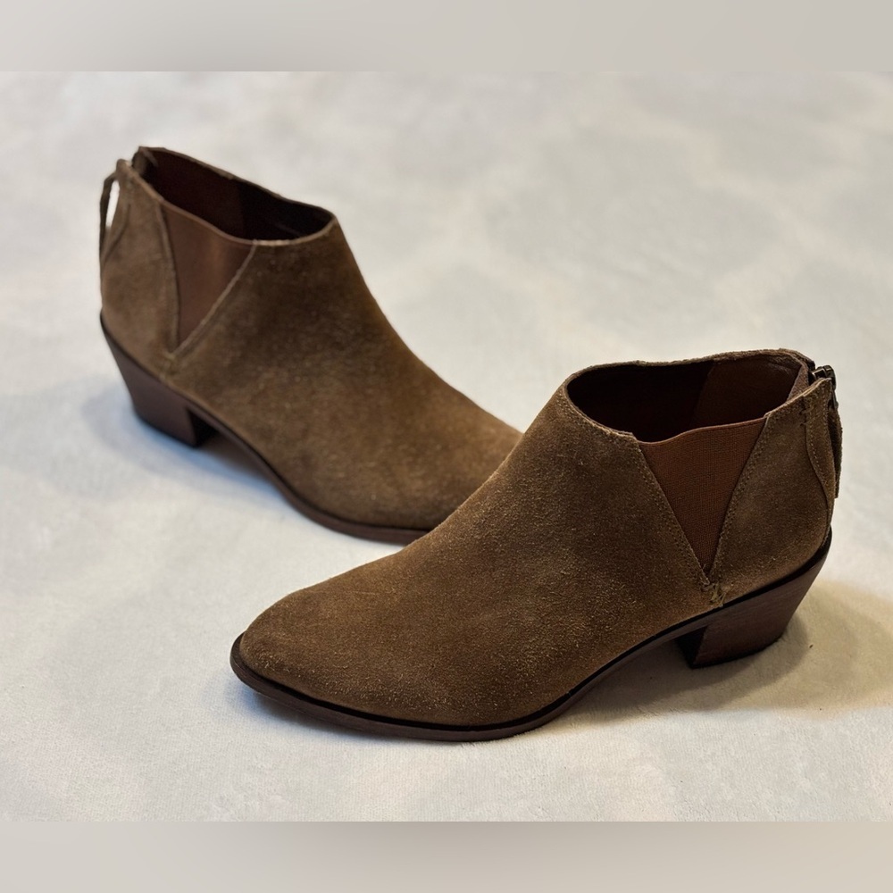 TRASK Brown Suede Ankle Booties Back Zip Stacked Heel Size 6 (36)